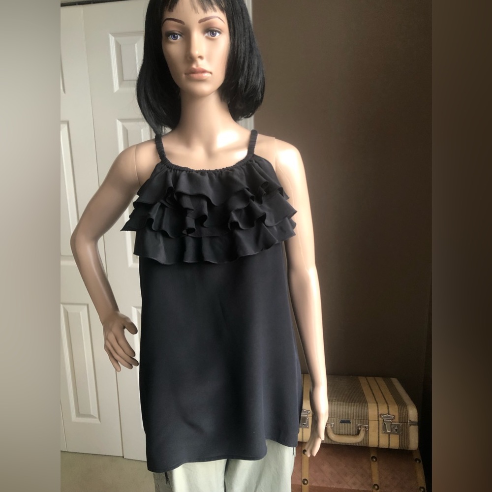 Karen Kane Black Silk Ruffled Tank Top
